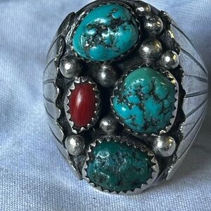 Vintage Turquoise and Red Coral Pa wen Shop Silver Ring